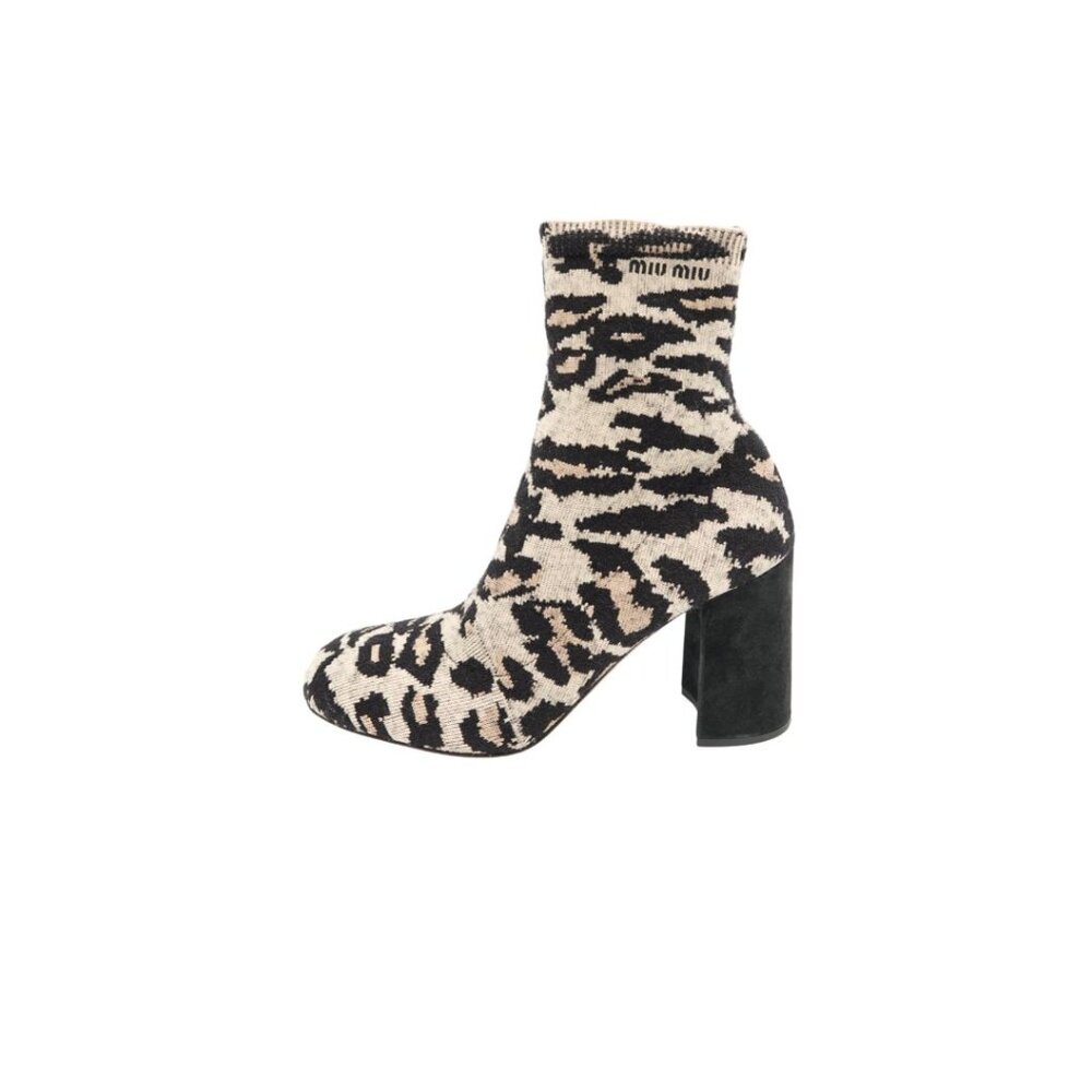 Miu Miu Leopard Print Jacquard Knit Ankle Sock Boots